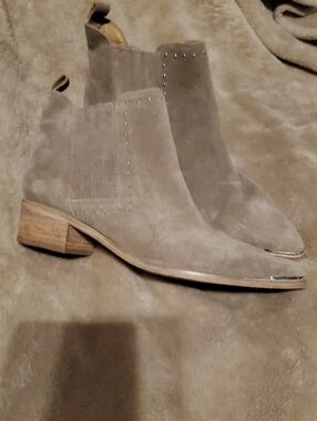 Marc Fisher Taupe Suede Chelsea Booties with Metallic Toe